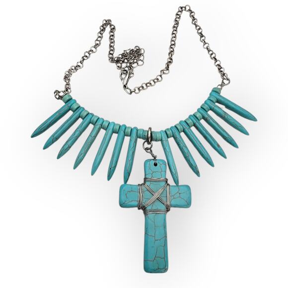 Turquoise Spike Bead & Cross Pendant Necklace – Southwestern Boho Chic Statement - Picture 3 of 9